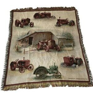 Vtg Sharon Pedersen Farm Tractors Tapestry Throw Blanket Made in USA 49 x 59